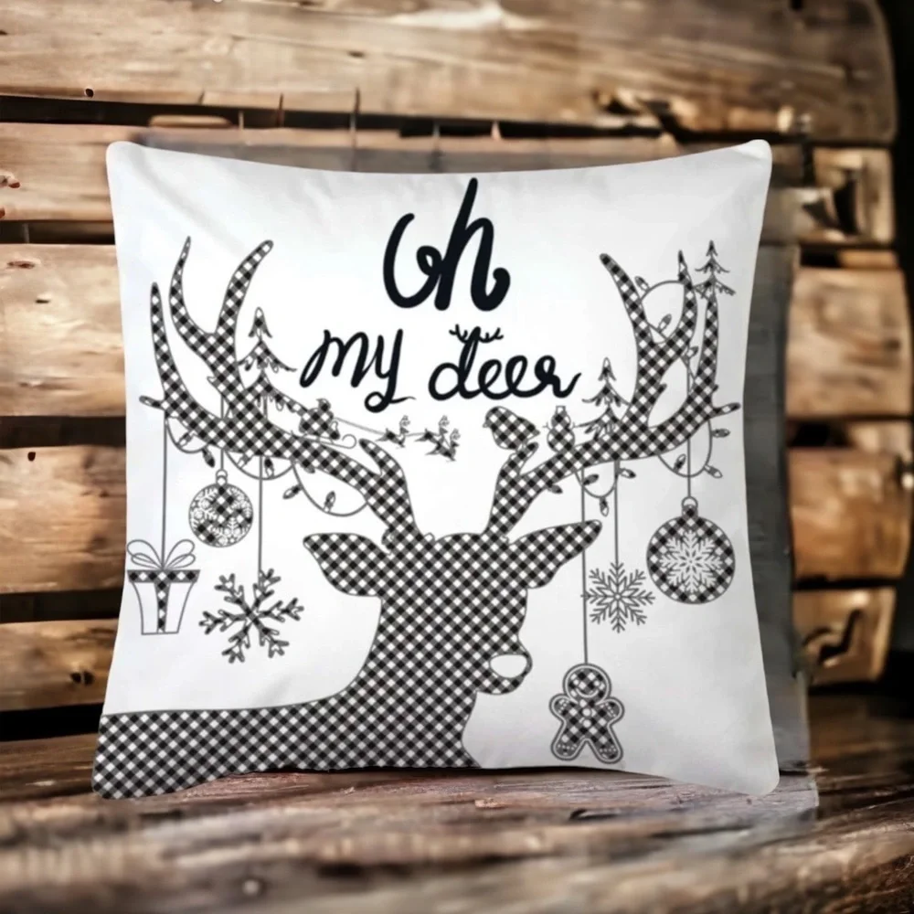 Pillow Cover Deer Christmas Zip Up Farmhouse White Black Plaid Large 17.7 in